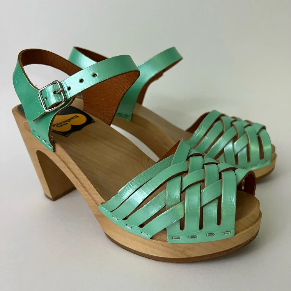 Swedish Hasbeens Mint Green Leather Platform Sandals